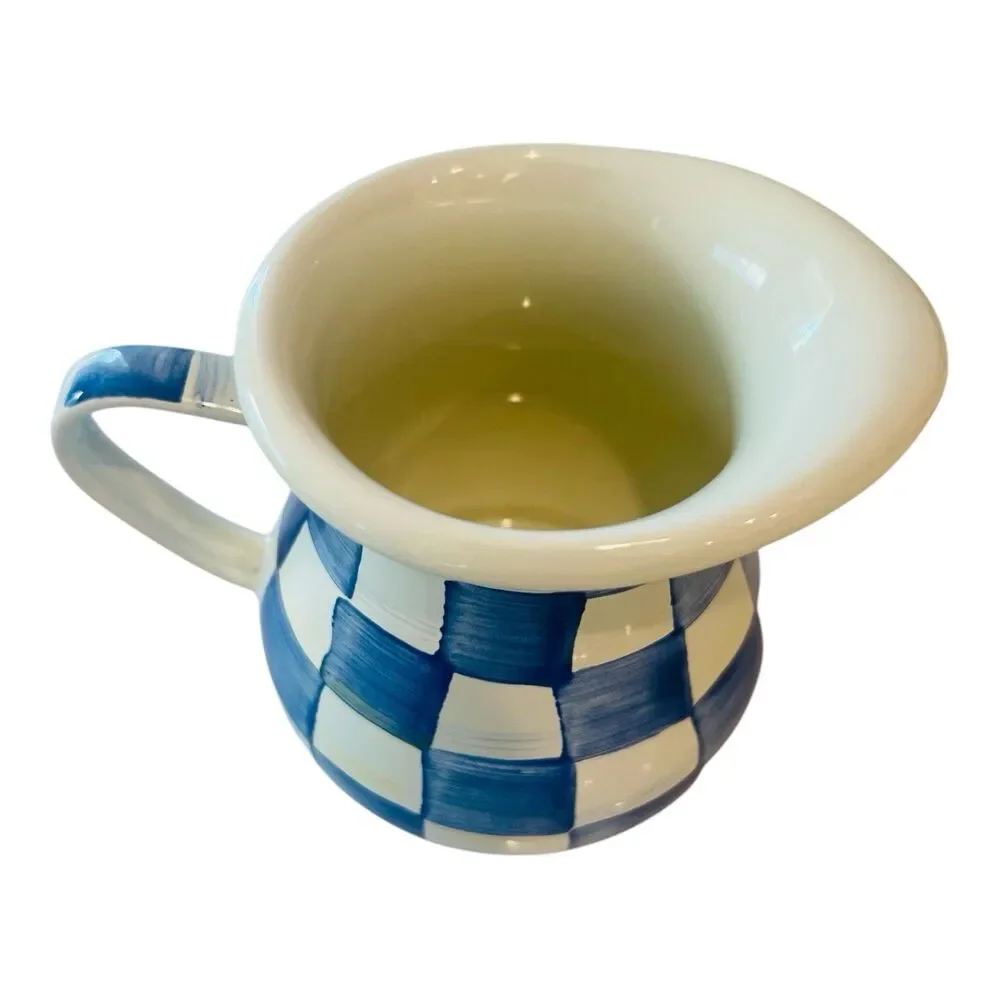 MacKenzie-Childs Blue Check Enamel Creamer Pitcher 14 Oz Hand Painted 4.5”
